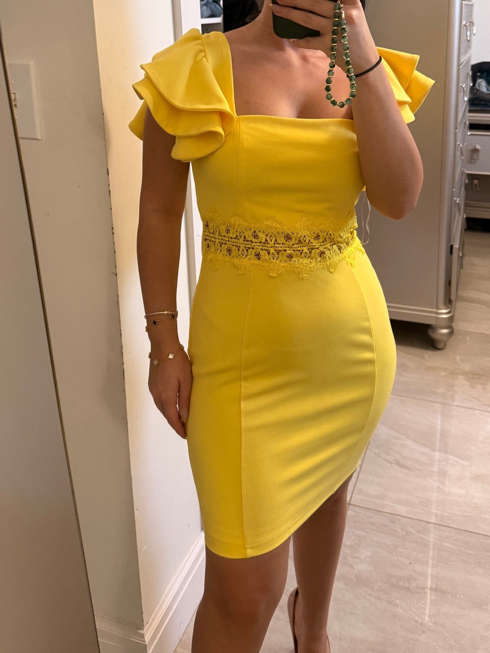 Yellow Ruffle Sleeve Lace Waist Sheath Dress